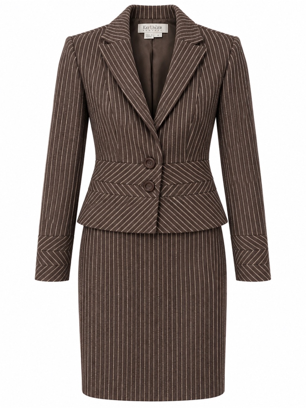 Kay Unger Brown Pinstripe Peplum Jacket & Pencil Skirt (2 pc Suit) 100% Wool
